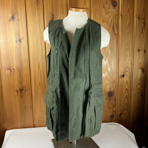 Athleta Wanderabout Size Small 100% Linen Olive Utility Tunic Length Zip Vest - Picture 2 of 11